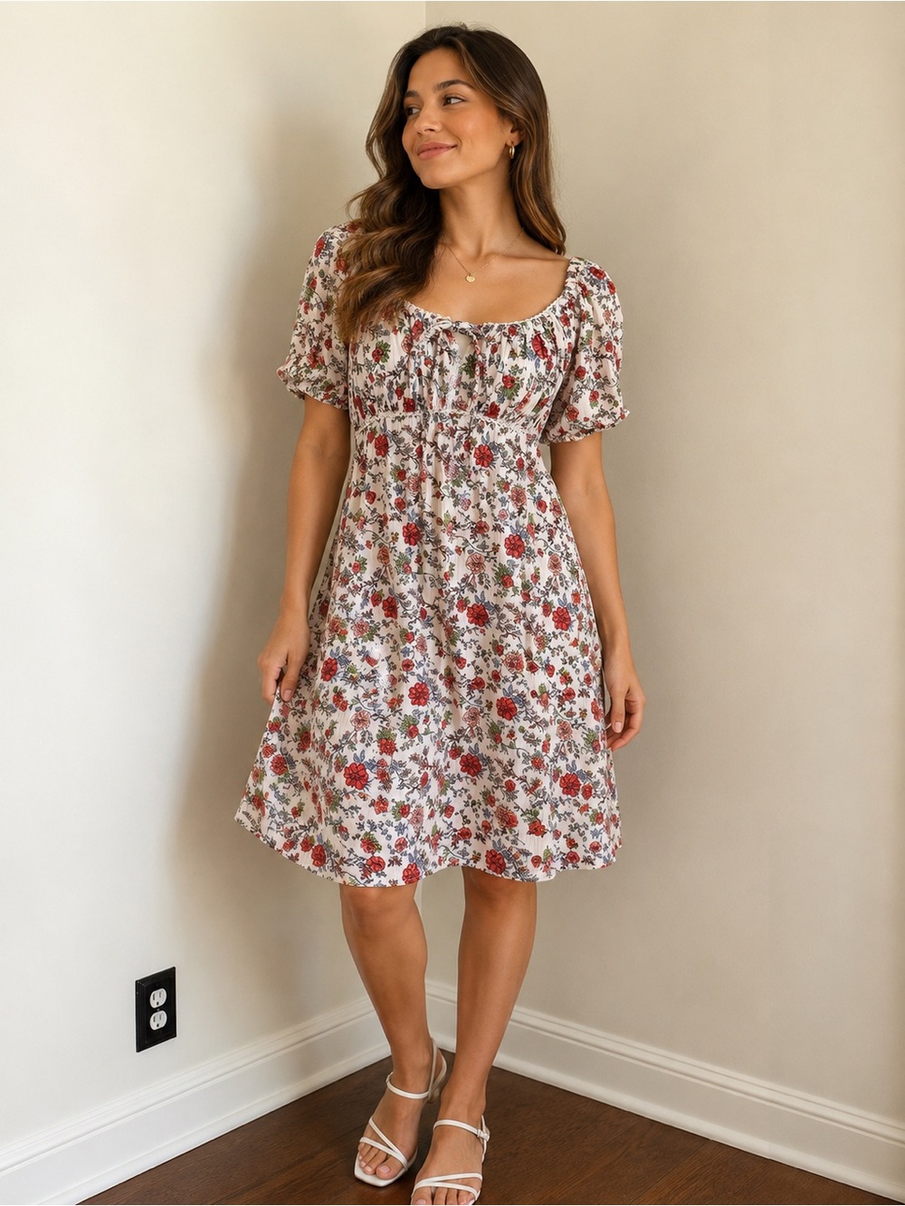 Angie Cream Mini Dress with Red Floral Print